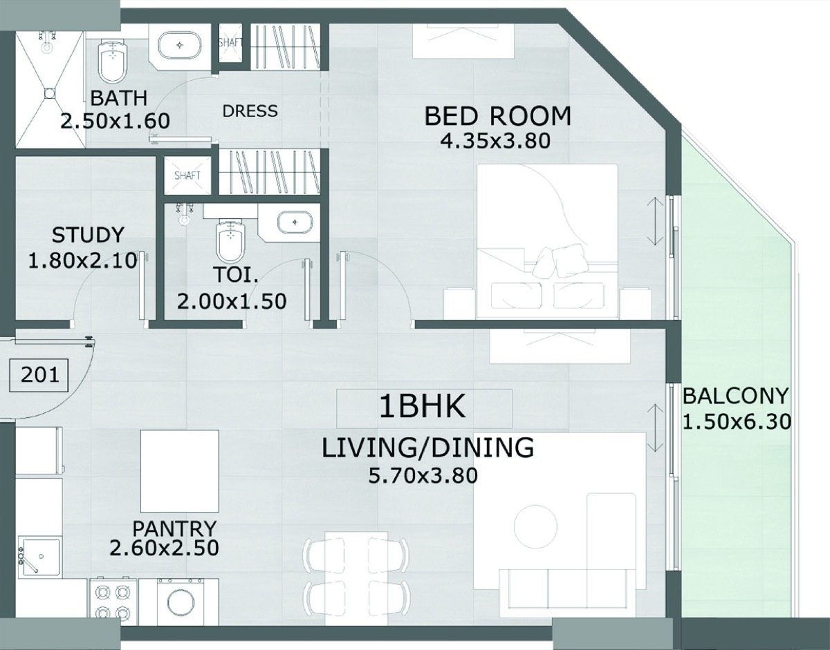 1 Bedroom with Study Type A2 floor plan