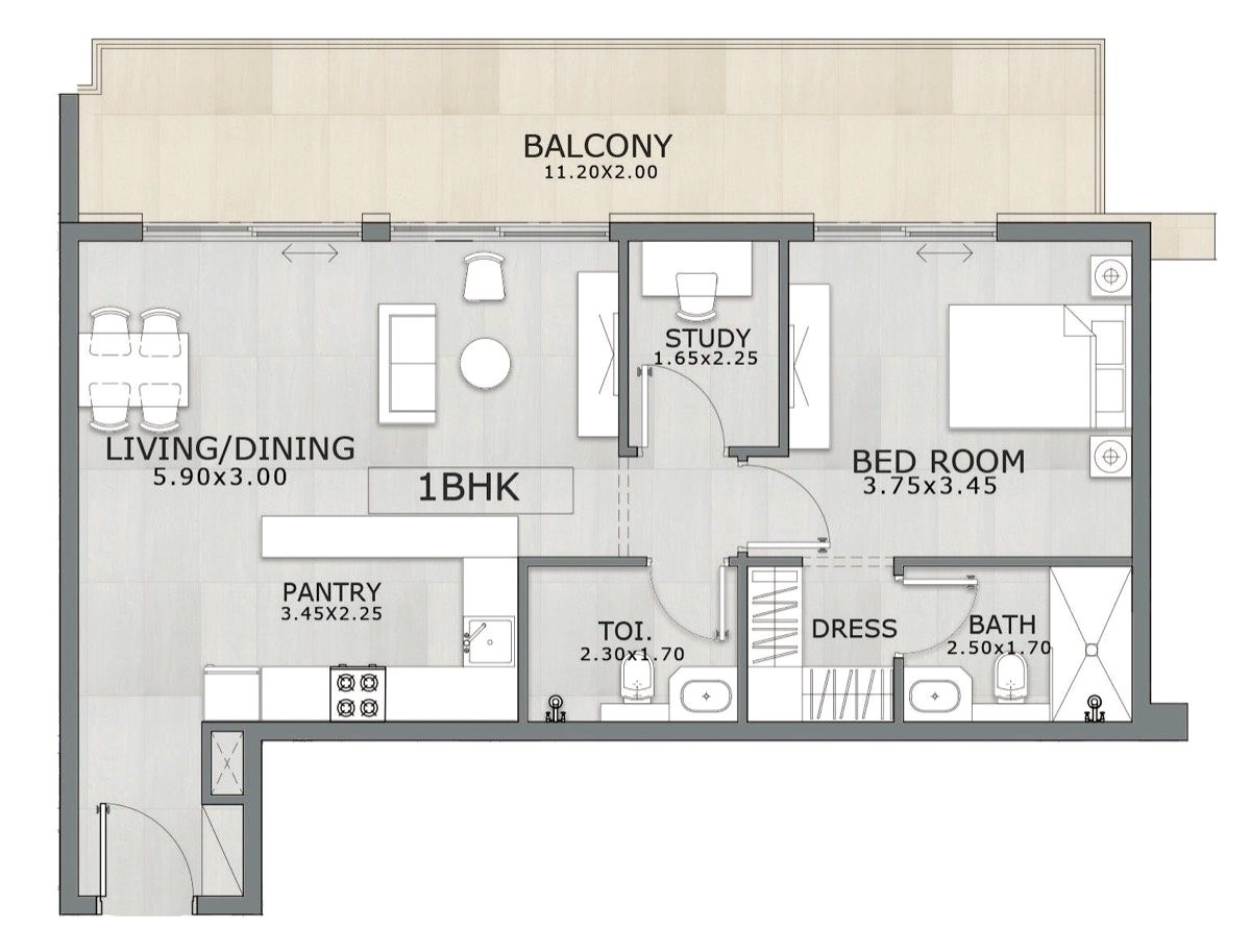 1 Bedroom with Study Type B floor plan