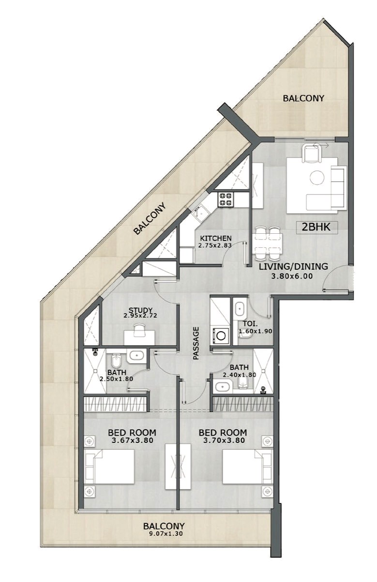 2 Bedroom with Study Type A floor plan